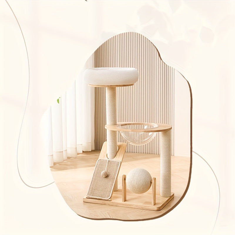 Wooden Cat Tree with Space Capsule, Condo and Scratching Posts