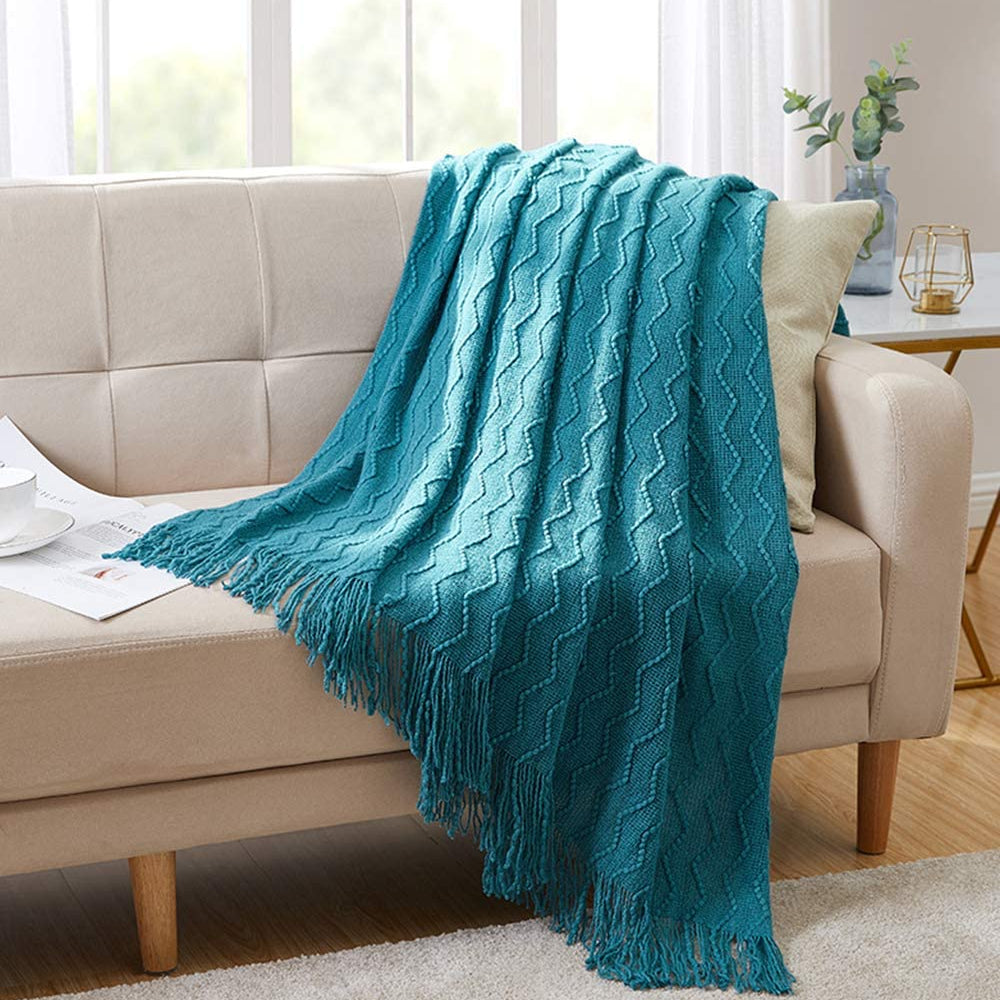 Knitted Sofa Throw Blanket - Geometric Design with Tassels