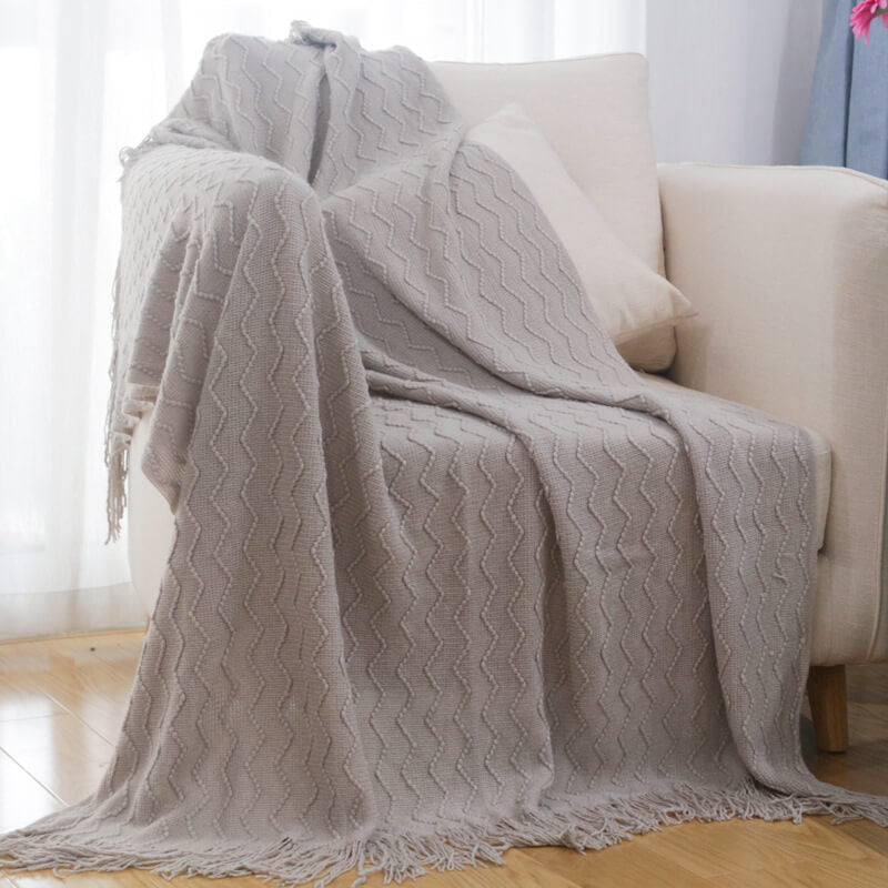 Knitted Sofa Throw Blanket - Geometric Design with Tassels