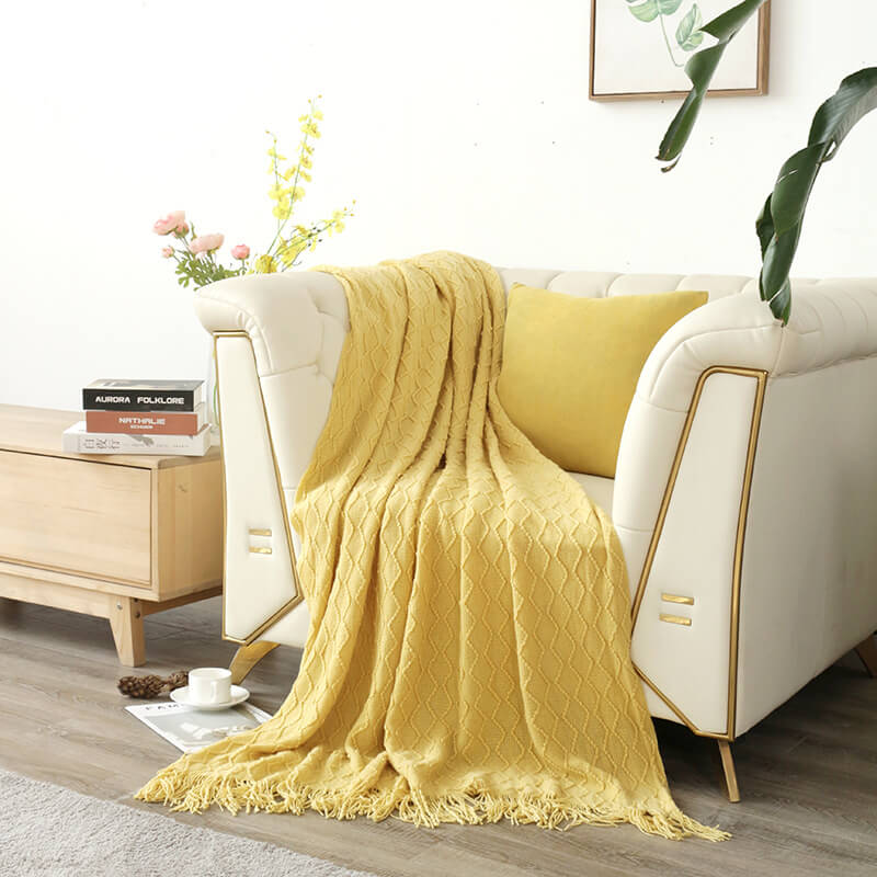 Knitted Sofa Throw Blanket - Geometric Design with Tassels