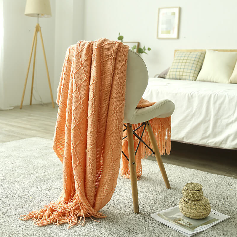 Knitted Sofa Throw Blanket - Geometric Design with Tassels