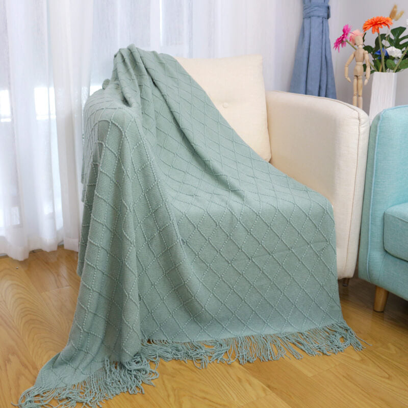 Knitted Sofa Throw Blanket - Geometric Design with Tassels