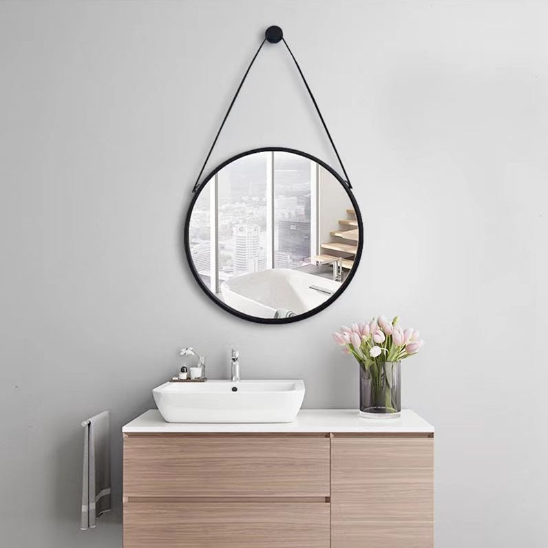 Round Hanging Mirror - Metal Frame with Strap 40-70 Cm