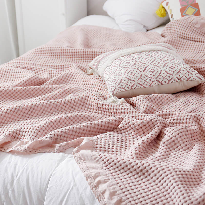 Cotton Bed Throw Blanket - Lightweight Waffle Weave Design