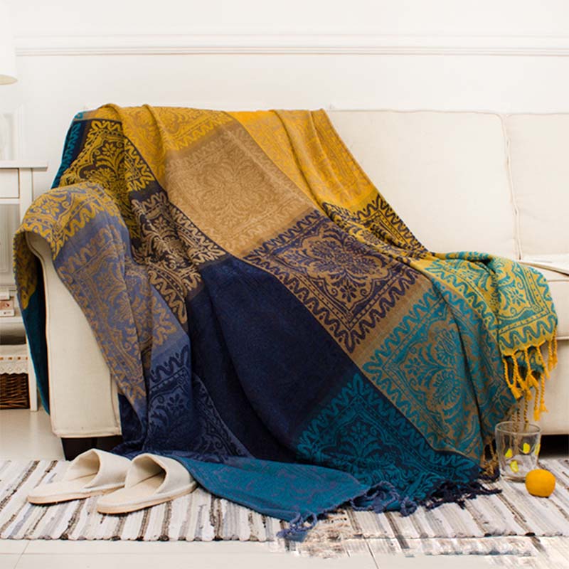 Bohemian Chenille Throw Blanket - Jacquard Pattern with Fringe