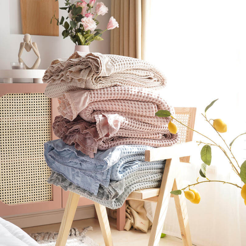 Cotton Bed Throw Blanket - Lightweight Waffle Weave Design