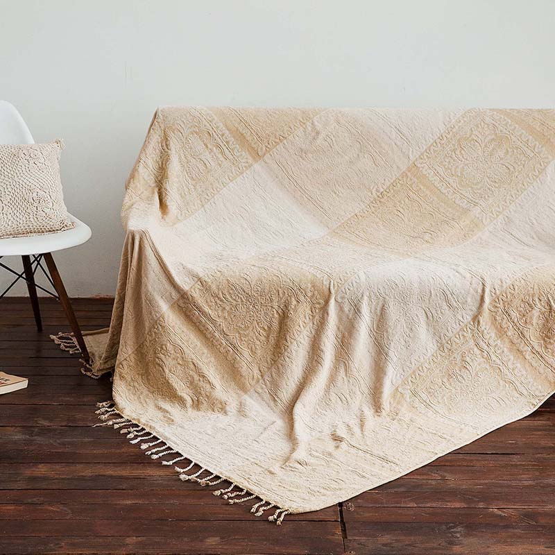 Bohemian Chenille Throw Blanket - Jacquard Pattern with Fringe