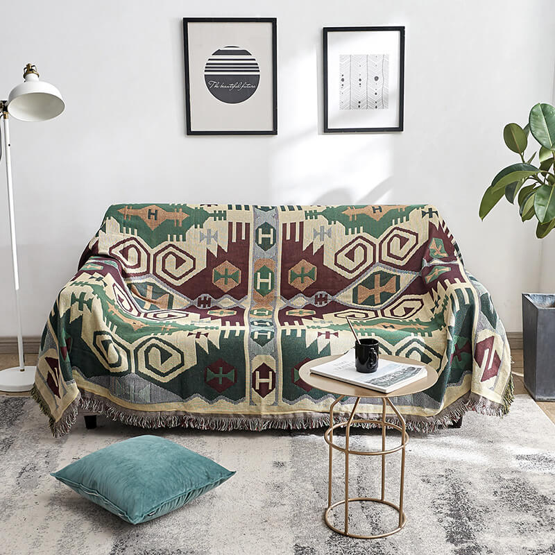 Bohemian Knitted Throw Blanket - Reversible Tassel Design