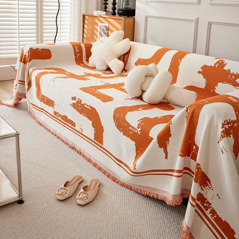 Printed Chenille Sofa Throw - Abstract Design with Fringe