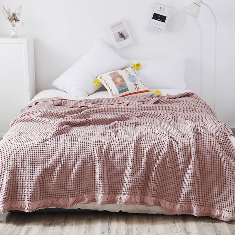 Cotton Bed Throw Blanket - Lightweight Waffle Weave Design