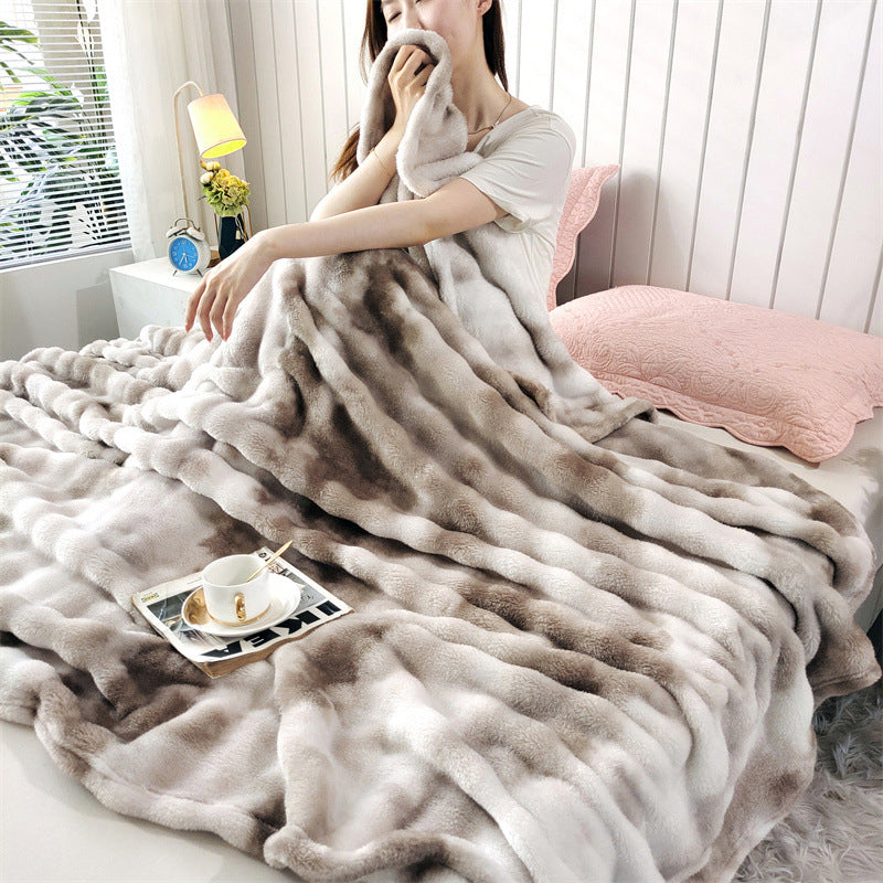 Faux Rabbit Fur Throw Blanket - Tie-Dye Wave Pattern Polyester