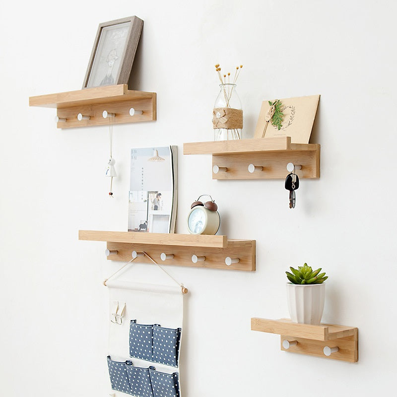 Bamboo Wall Shelf - Floating Storage Shelf with 2, 3 or 4 Hooks