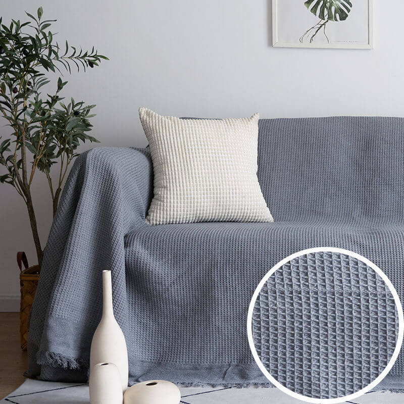 Knitted Sofa Throw - Lightweight Cotton Waffle Weave Blanket