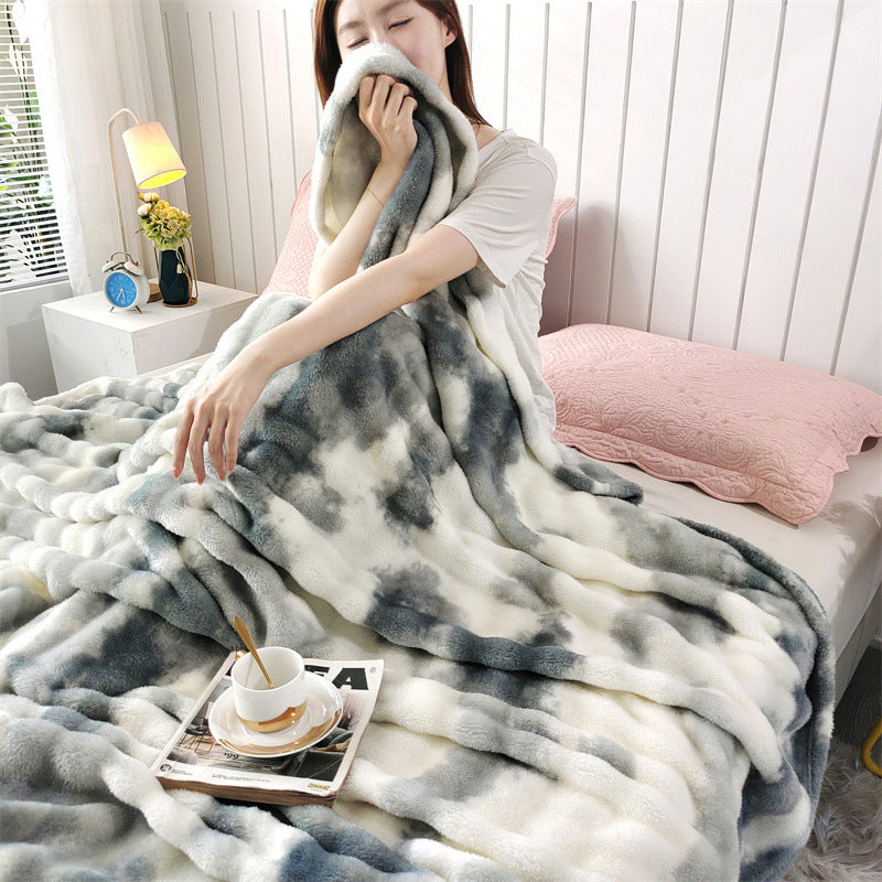 Faux Rabbit Fur Throw Blanket - Tie-Dye Wave Pattern Polyester