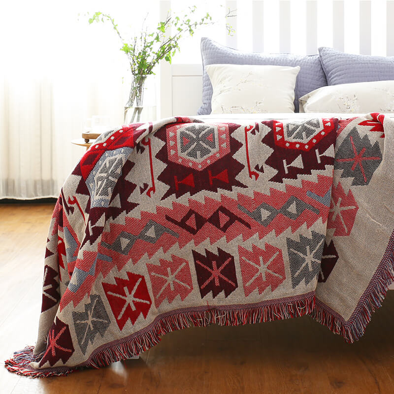 Bohemian Knitted Throw Blanket - Reversible Tassel Design