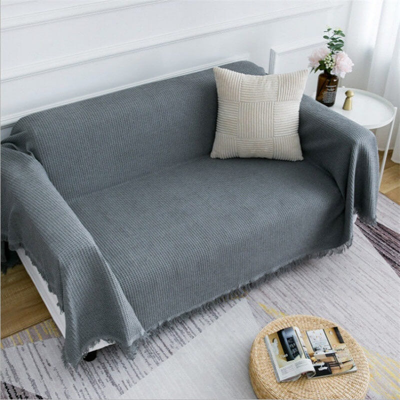 Knitted Sofa Throw - Lightweight Cotton Waffle Weave Blanket