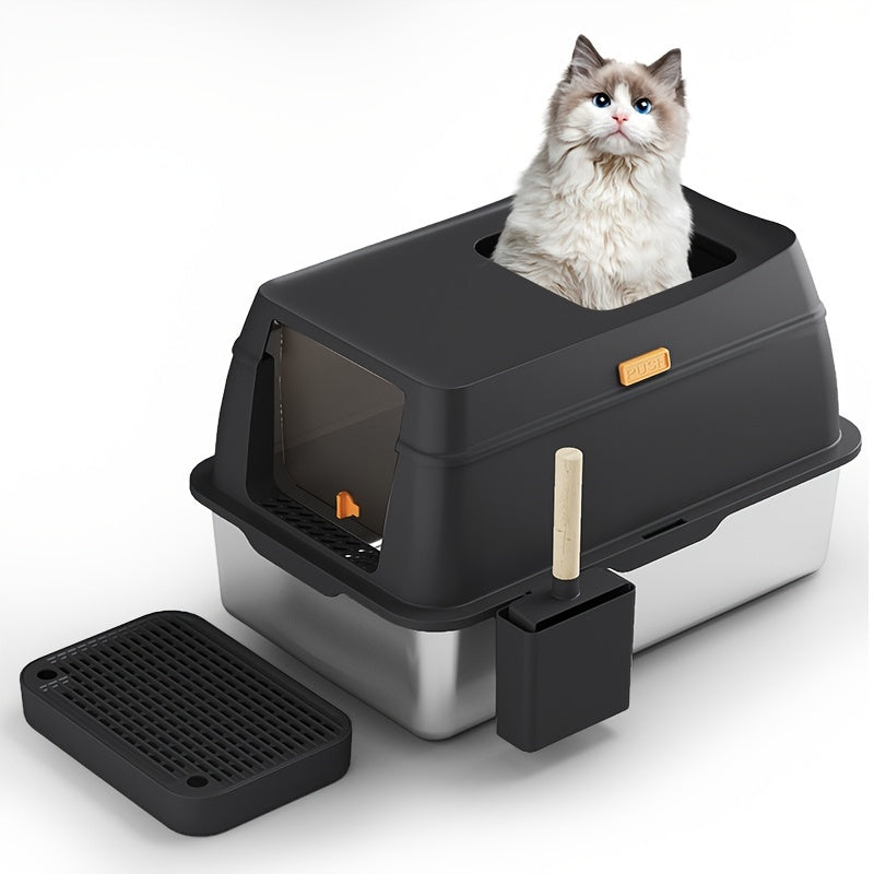 Extra Grote Stainless Steel Litter Box with Scoop and Non-Slip Mat