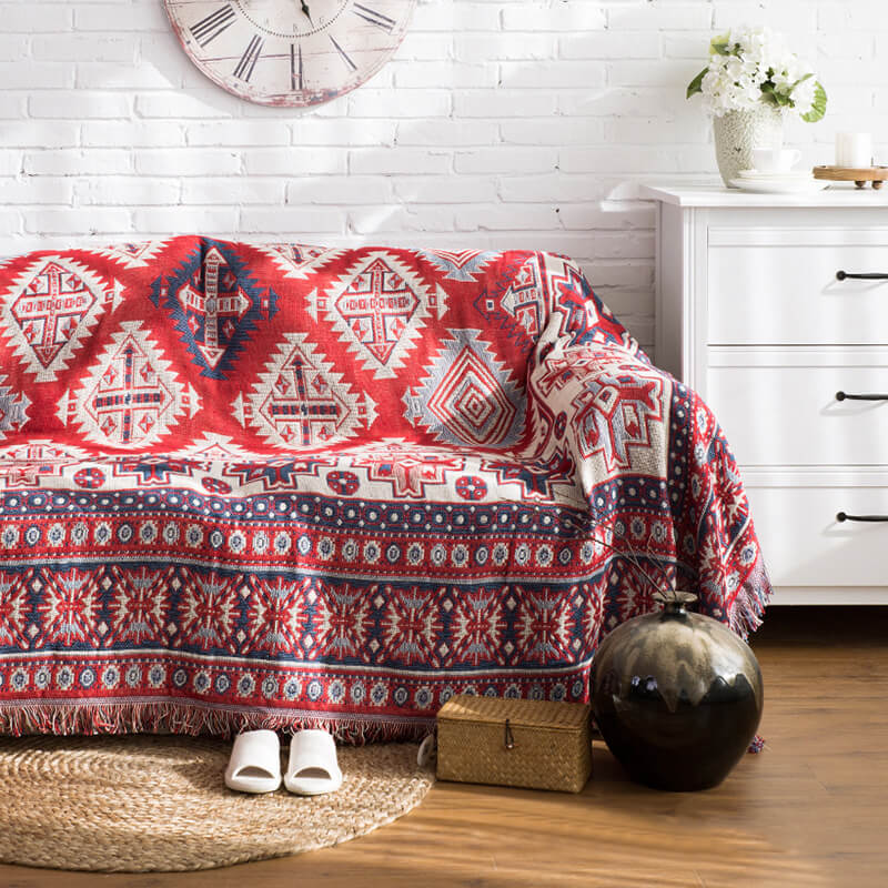 Bohemian Knitted Throw Blanket - Reversible Tassel Design
