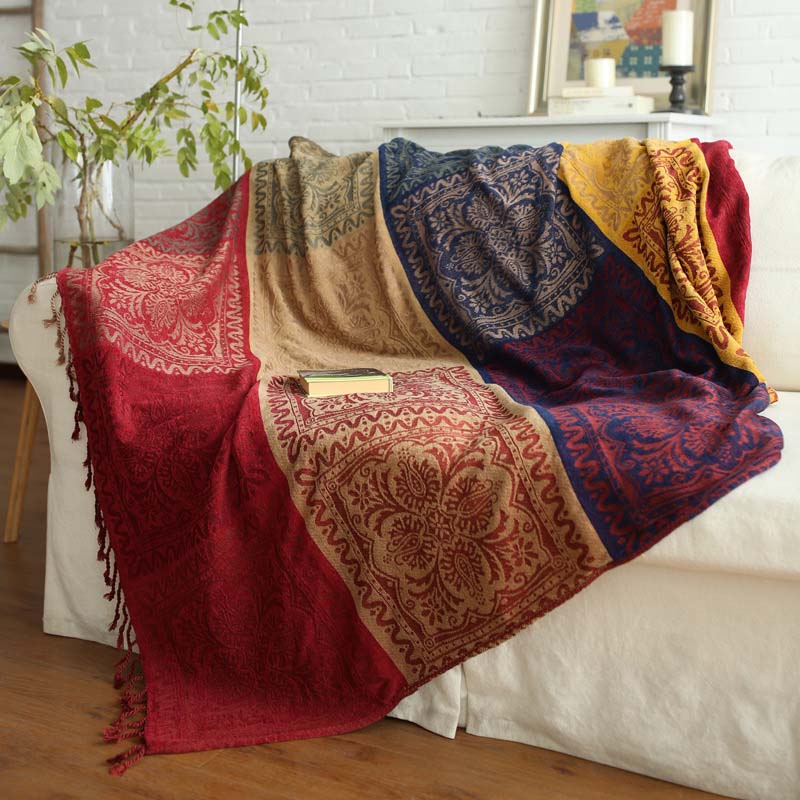 Bohemian Chenille Throw Blanket - Jacquard Pattern with Fringe
