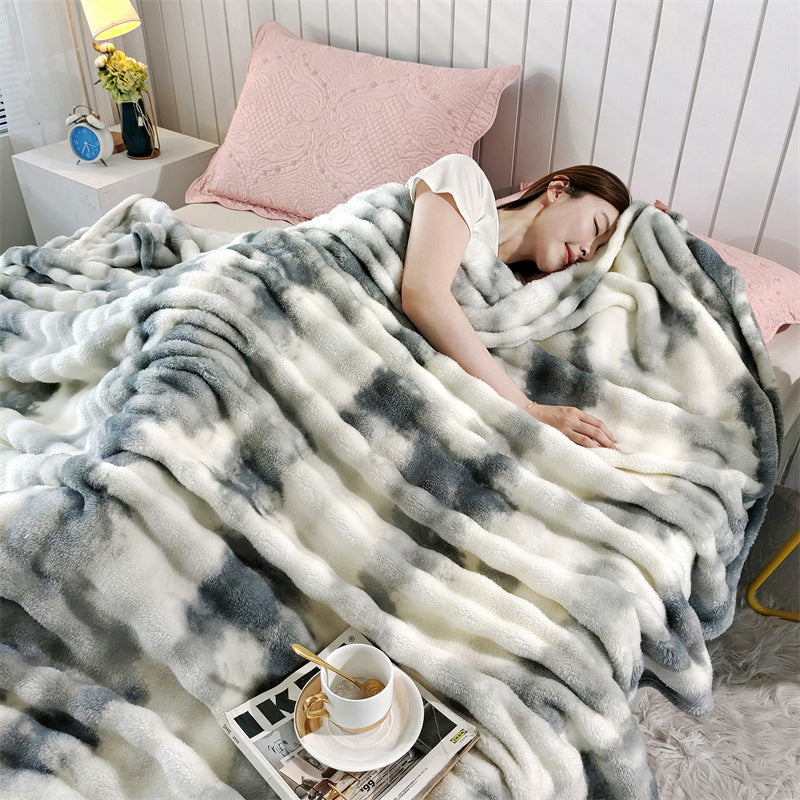 Faux Rabbit Fur Throw Blanket - Tie-Dye Wave Pattern Polyester