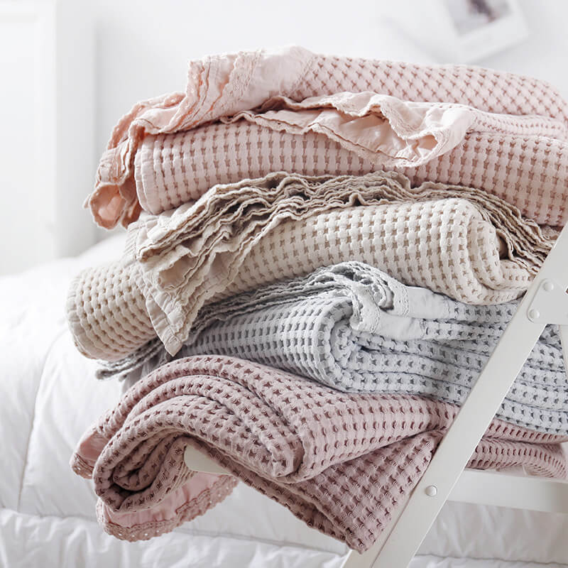 Cotton Bed Throw Blanket - Lightweight Waffle Weave Design