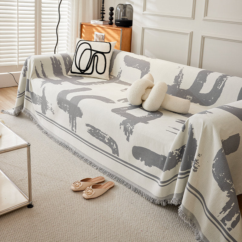 Printed Chenille Sofa Throw - Abstract Design with Fringe