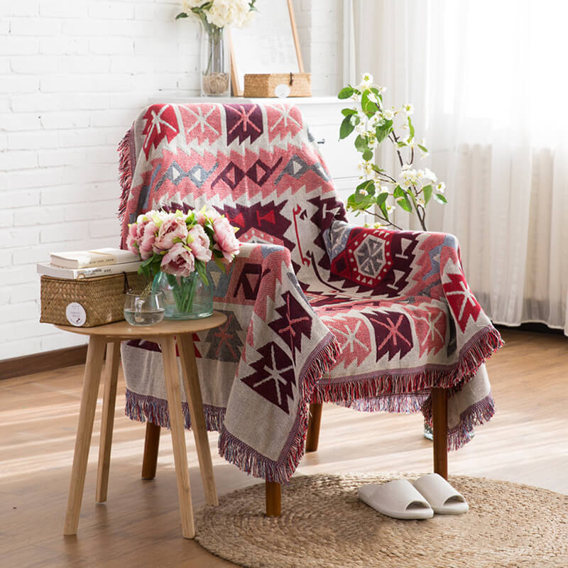 Bohemian Knitted Throw Blanket - Reversible Tassel Design
