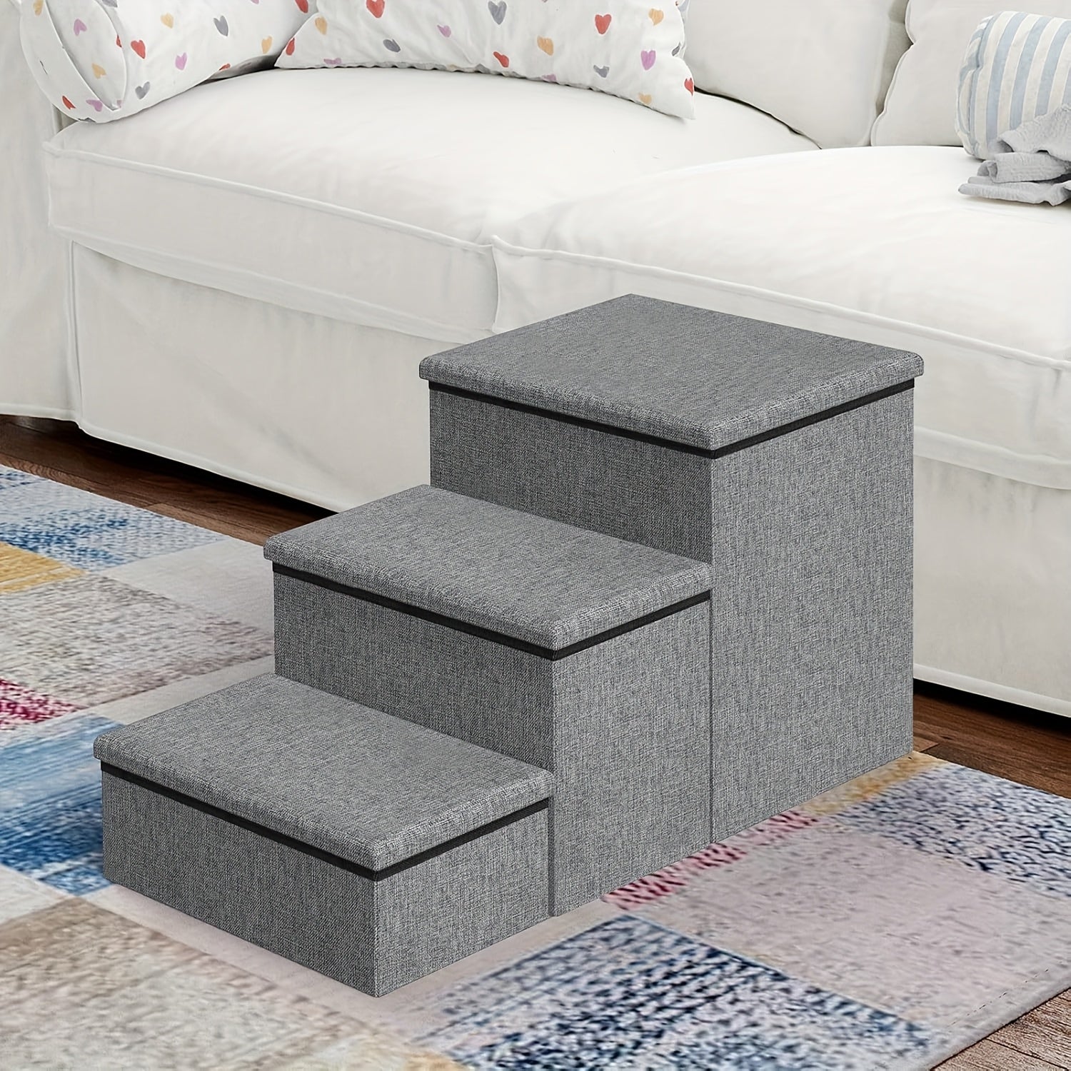 Foldable Three-Step Pet Stairs With Rest Area and Storage