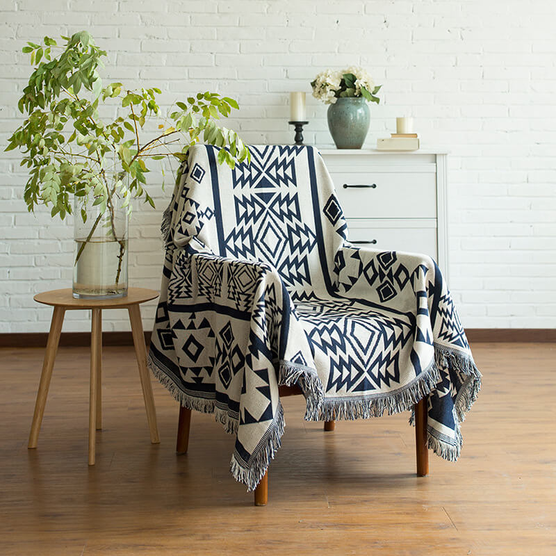 Bohemian Knitted Throw Blanket - Reversible Tassel Design
