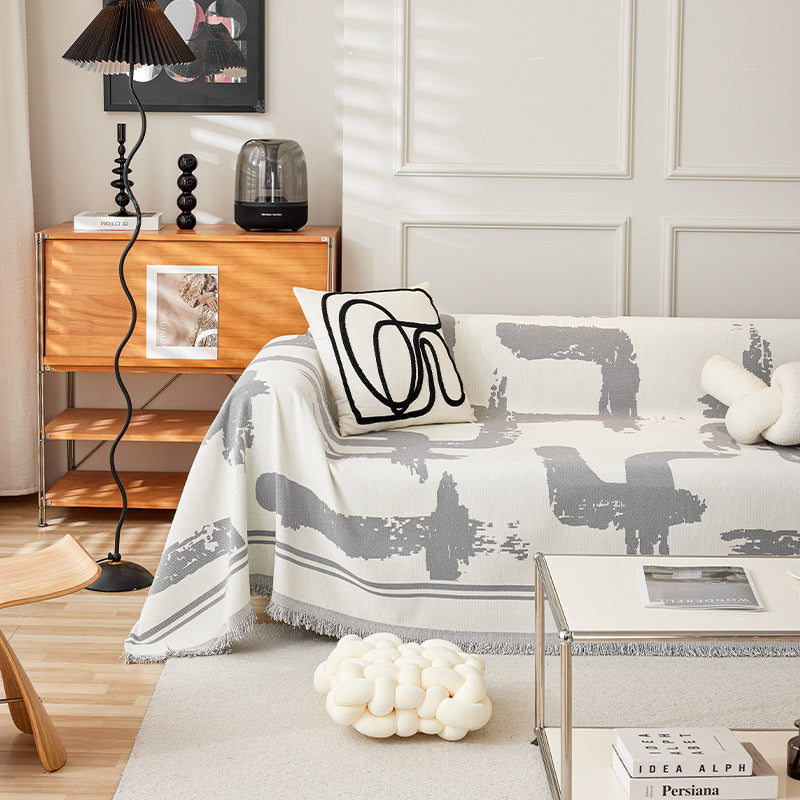 Printed Chenille Sofa Throw - Abstract Design with Fringe