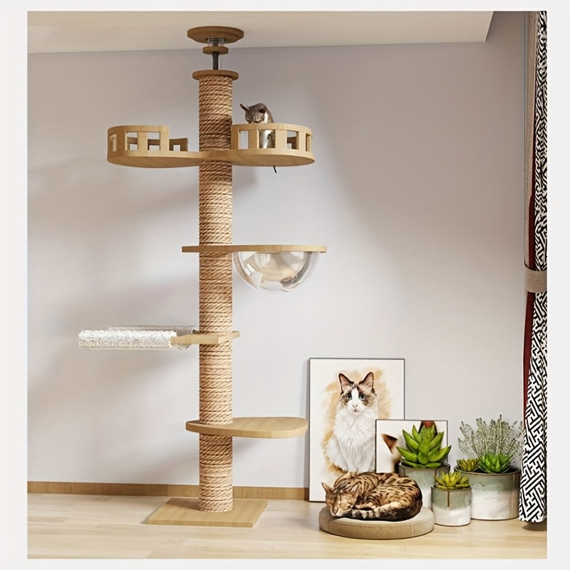 Modern Multi-Level Cat Tree of Pine Wood with Hanging Bed