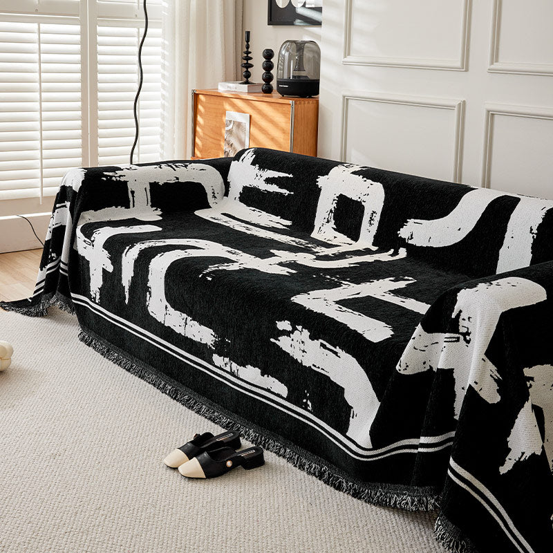 Printed Chenille Sofa Throw - Abstract Design with Fringe