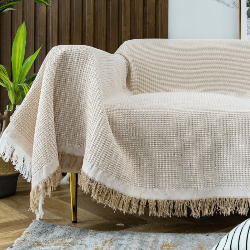 Knitted Sofa Throw - Lightweight Cotton Waffle Weave Blanket