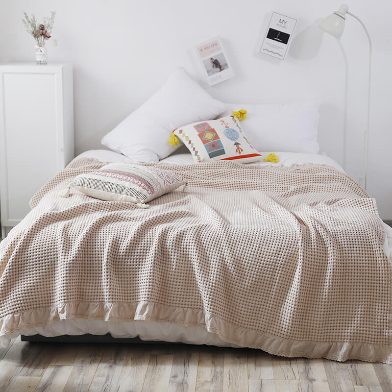Cotton Bed Throw Blanket - Lightweight Waffle Weave Design