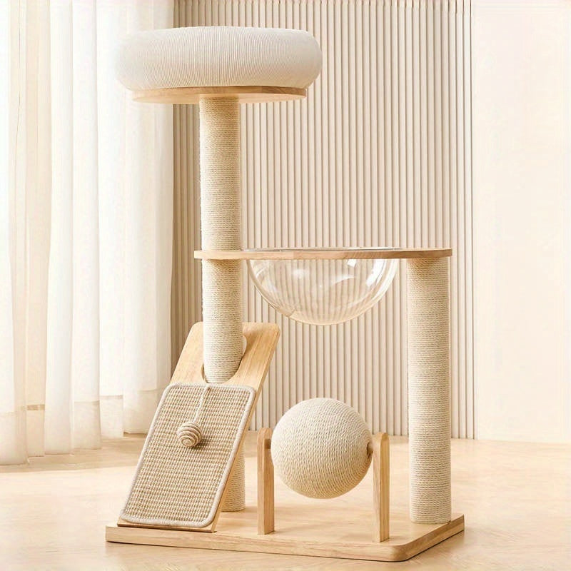 Wooden Cat Tree with Space Capsule, Condo and Scratching Posts
