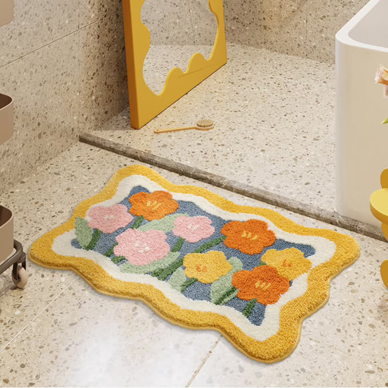 Floral Bath Mat - Microfibre Polyester with PVC Non-Slip Backing