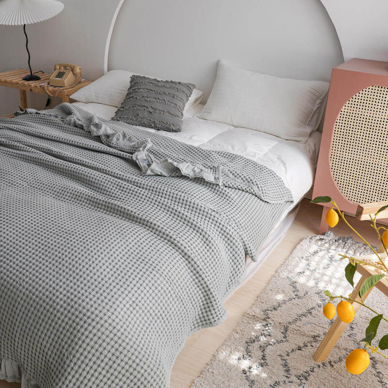 Cotton Bed Throw Blanket - Lightweight Waffle Weave Design