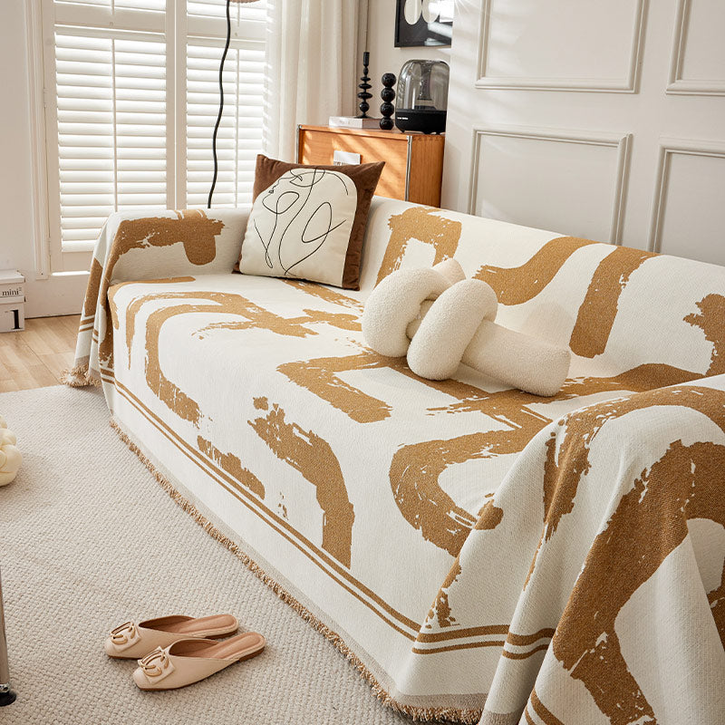 Printed Chenille Sofa Throw - Abstract Design with Fringe
