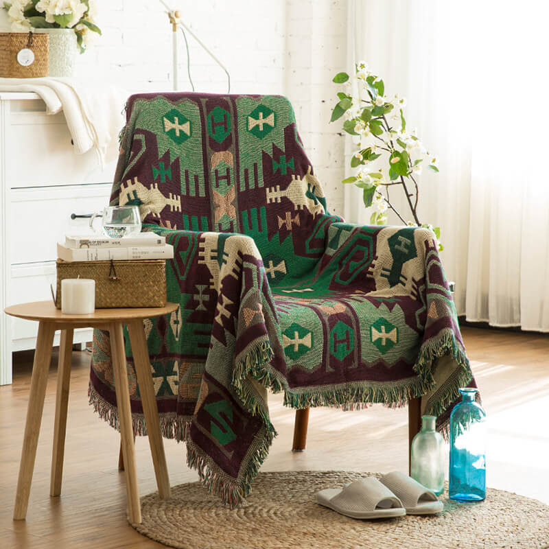 Bohemian Knitted Throw Blanket - Reversible Tassel Design