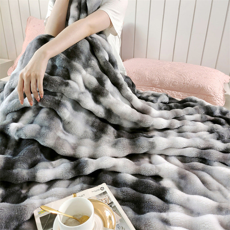 Faux Rabbit Fur Throw Blanket - Tie-Dye Wave Pattern Polyester