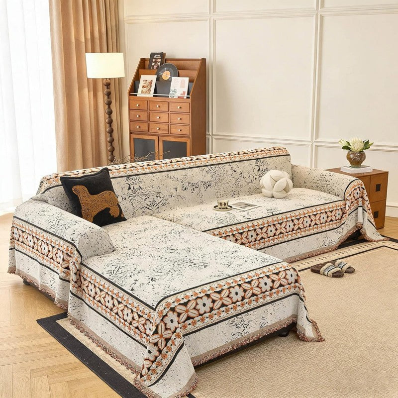 Chenille Sofa Throw Cover - Floral Jacquard with Tassels