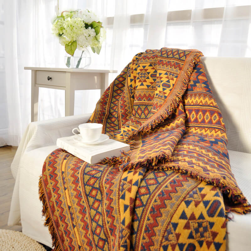 Bohemian Knitted Throw Blanket - Reversible Tassel Design