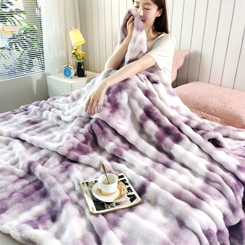 Faux Rabbit Fur Throw Blanket - Tie-Dye Wave Pattern Polyester