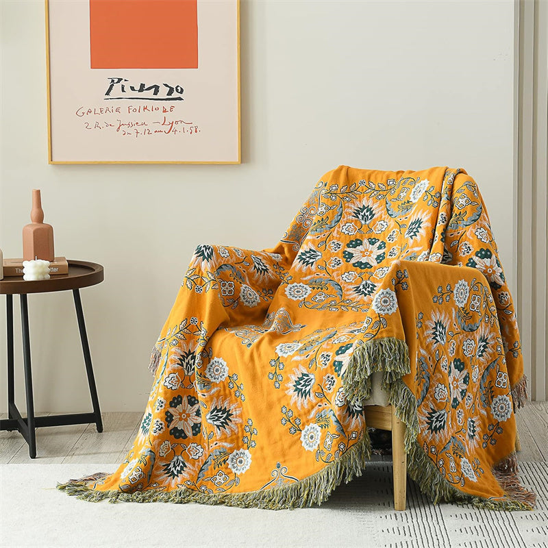 Bohemian Cotton Throw Blanket - Reversible Floral Design with Fringe