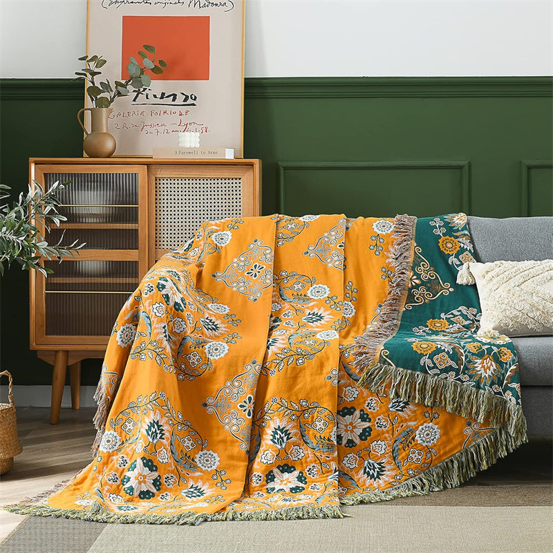 Bohemian Cotton Throw Blanket - Reversible Floral Design with Fringe