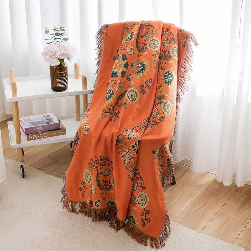 Bohemian Cotton Throw Blanket - Reversible Floral Design with Fringe