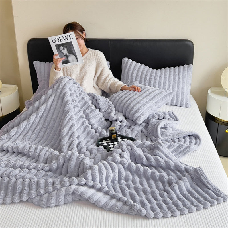 Faux Rabbit Fur Throw Blanket - Double-Sided Plush Bed Cover