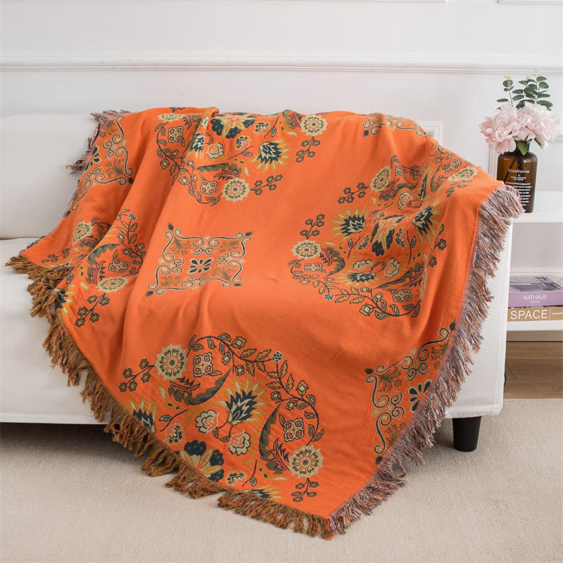 Bohemian Cotton Throw Blanket - Reversible Floral Design with Fringe