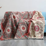Reversible Cotton Gauze Blanket - Floral Boho Design with Tassels