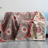 Reversible Cotton Gauze Blanket - Floral Boho Design with Tassels